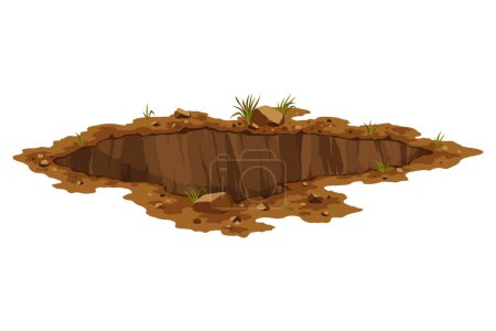 Hole ground. Works digging of sand coal waste rock or gravel. Brown, dry mine element of landscape. Cartoon illustration.