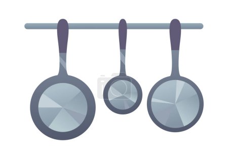 Hanging pans. Kitchen utensils. Set of frying pan of different sizes.