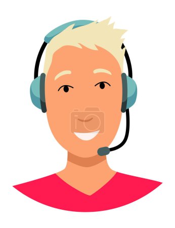 Ilustración de Avatar operador de centro de llamadas con auriculares. Asistente de servicio de soporte en línea. Gerente de ayuda al cliente masculino. Ilustración vectorial del carácter. - Imagen libre de derechos