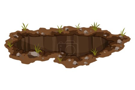 Hole ground. Works digging of sand coal waste rock or gravel. Brown, dry mine element of landscape. Cartoon illustration.