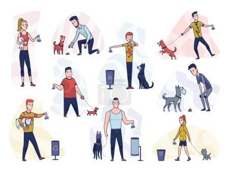 Cleaning after dog. Set of pet owners picking up pets waste during walk in public park. Animal responsibility of trash clean rules concept. Linear vector illustration.