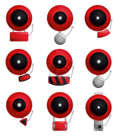 Red fire alarm system signal device isolated on white. Prevention, emergency, warning bell. Vintage signaling. Retro signalization. Firefighter equipment and tool. Vector cartoon illustration.