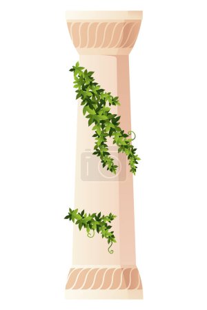 Ancient ivy covered column. Museum and exhibition. Cartoon greek or roman pillar with climbing ivy branches. Antique foliage decorated element. Cartoon flat vector isolated on white.