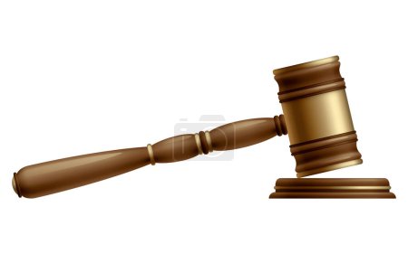 Wooden brown judge gavel, decision glossy mallet for court verdict. 3d realistic vector, isolated on white background. Auction hammer with gold on the stand. Law and justice system symbol.