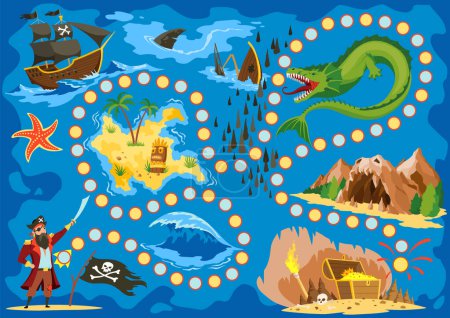 Pirate board game for children, hunting treasure. Treasure island hunt boardgame with cave. Sea adventures printable activity. Vector cartoon illustration.