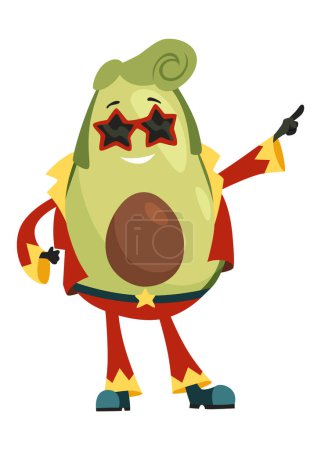 Avocado-Charakter mit glücklichen Emotionen. Fröhlicher Gemüsemensch. Avocado Superheld lustige Comicfigur. Vektorflache Illustration.