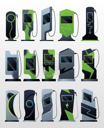 Illustration for Car charger icons set. Electromobile charging station, alternative fuel. Ev electric, clean energy of the future. Vector illustration in flat style, modern design. - Royalty Free Image