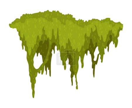 Cartoon jungle moss shape. Green swamp moss, forest hanging and creeping lichen. Rainy forest flora. Marsh plant for computer games isolated on white. Flat vector illustration.