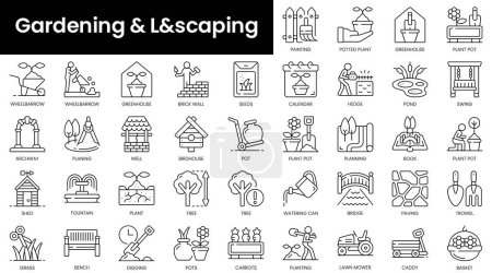 Illustration for Set of outline gardening and landscaping icons. Minimalist thin linear web icon set. vector illustration. - Royalty Free Image
