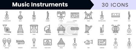Illustration for Set of outline music instruments icons. Minimalist thin linear web icon set. vector illustration. - Royalty Free Image