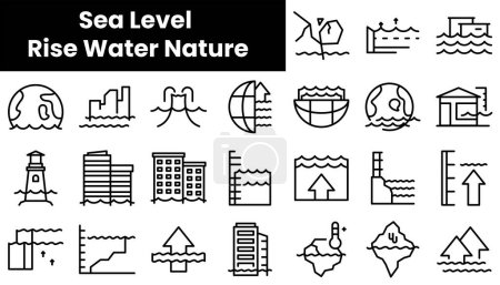Set of outline sea level rise water nature icons