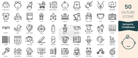 Téléchargez les illustrations : Set of school and childhood icons. Thin outline icons pack. Vector illustration - en licence libre de droit