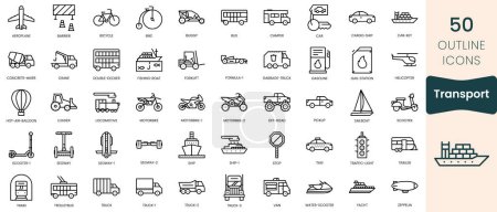 Illustration pour Ensemble d'icônes de transport. Emballage d'icônes aux contours fins. Illustration vectorielle - image libre de droit