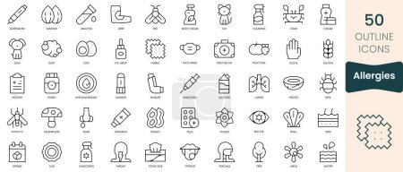 Téléchargez les illustrations : Ensemble d'icônes d'allergies. Icônes de style linéaire mince Pack. Illustration vectorielle - en licence libre de droit