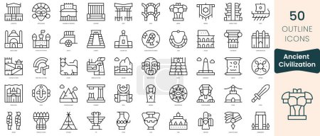 Téléchargez les illustrations : Ensemble d'icônes de la civilisation antique. Icônes de style linéaire mince Pack. Illustration vectorielle - en licence libre de droit