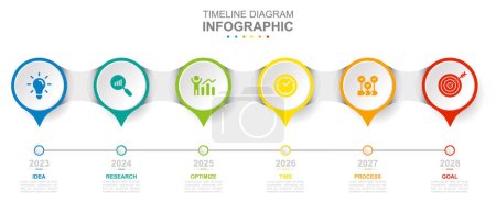 Plantilla de negocio de infografía. 6 Pasos calendario de diagrama de línea de tiempo moderno con círculo y temas. Presentación conceptual.
