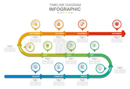 Téléchargez les illustrations : Infographic business template. 12 Months modern Timeline diagram calendar with arrows. Concept presentation. - en licence libre de droit