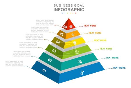 Téléchargez les illustrations : Modèle d'entreprise d'infographie. 6 étapes Diagramme pyramidal Mindmap avec des sujets d'icône. Présentation du concept. - en licence libre de droit