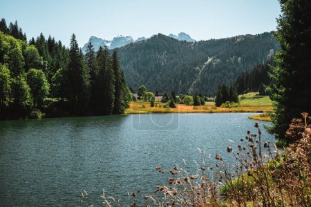 Téléchargez les photos : Lac de Morgins in autumn with snowcapped mountains, Pas de Morgins - en image libre de droit