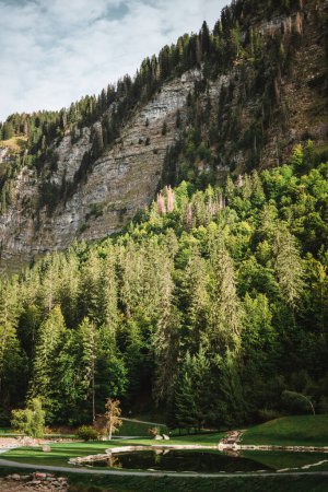 Téléchargez les photos : Montagnes majestueuses dans les Alpes couvertes d'arbres et de nuages - en image libre de droit
