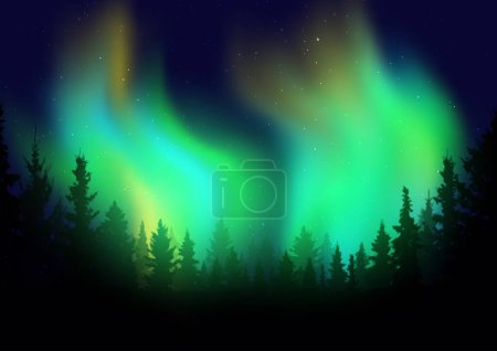 Illustration pour Silhouette d'un paysage d'arbres face à un ciel nocturne avec des lumières nordiques - image libre de droit