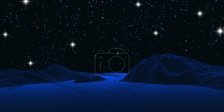 Illustration for Detailed wireframe landscape against a starry night sky - Royalty Free Image