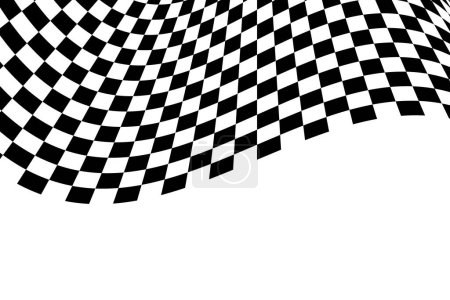Téléchargez les illustrations : Waving race flag background. Motocross, rally, sport car competition wallpaper. Warped black and white squares pattern. Checkered winding texture. Distorted chessboard layout. Vector flat illustration - en licence libre de droit