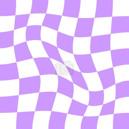 Photo for Distorted chessboard background. Checkered optical illusion. Psychedelic y2k pattern with warped purple and white squares. Plaid or flag texture. Trippy checkerboard surface. Vector illustration - Royalty Free Image