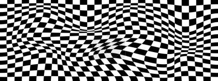 Fondo distorsionado del tablero de ajedrez. Patrón psicodélico con cuadrados en blanco y negro. Textura de bandera de carrera deformada. Superficie del tablero de ajedrez Trippy. Ilusión óptica a cuadros. Ilustración plana del vector