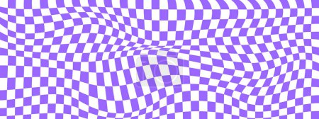 Illustration for Trippy background with warped purple and white squares. Distorted chess board pattern. Chequered visual illusion. Psychedelic checkerboard texture. Vector illustration - Royalty Free Image