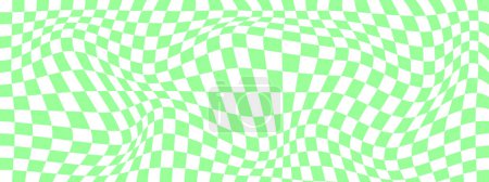 Illustration for Distorted checkered pattern with green and white squares. Psychedelic chessboard background. Odd optical illusion. Trippy checkerboard texture. Vector flat illustration - Royalty Free Image