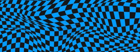 Fondo distorsionado del tablero de ajedrez. Patrón psicodélico con cuadrados negros y azules deformados. Textura de tablero de ajedrez Trippy. Ilusión óptica a cuadros. Ilustración plana del vector