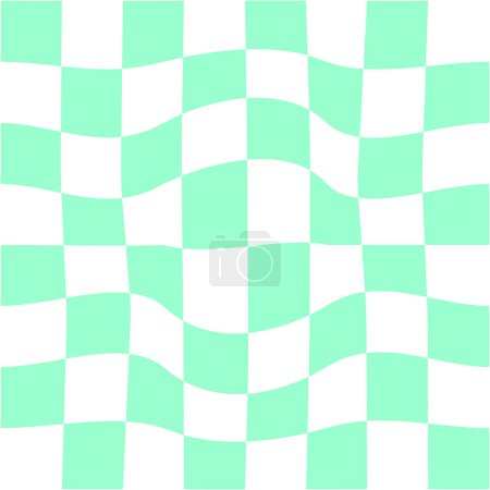 Illustration for Distorted green and white chess board background. Chequered optical illusion. Psychedelic pattern with warped squares. Dizzy checkerboard or plaid texture. Vector flat illustration - Royalty Free Image