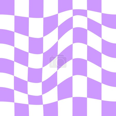 Fondo distorsionado del tablero de ajedrez en estilo y2k. Ilusión óptica a cuadros. Patrón psicodélico con cuadrados deformados de color púrpura y blanco. Textura a cuadros. Superficie del tablero de ajedrez Trippy. Ilustración vectorial