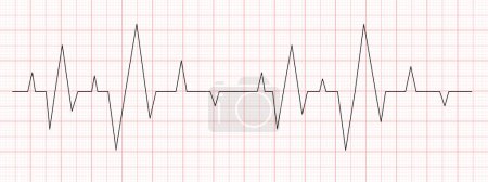 Téléchargez les illustrations : Diagramme de battement de coeur noir sur papier graphique rouge. Tableau d'électrocardiogramme. Rythme cardiaque. Signe d'examen cardio. Symbole de l'hôpital. Illustration graphique vectorielle - en licence libre de droit