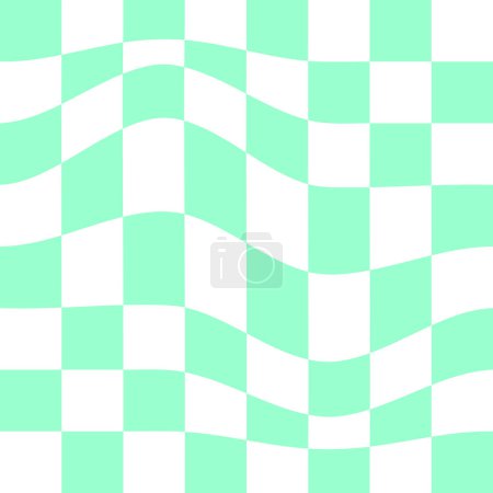 Photo for Psychedelic pattern with warped green and white squares. Distorted chess board background. Checkered optical illusion. Plaid or flag texture. Dizzy checkerboard surface. Vector illustration - Royalty Free Image