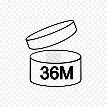 Illustration for 36 month or 3 years PAO icon. Jar with open lid and 36M marking. Product freshness time. Period after opening sign. Cosmetic, shampoo, makeup validity label on transparent background - Royalty Free Image