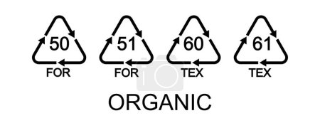 Photo for Biomatter or organic material recycling signs. 50 FOR, 51 FOR, 60 TEX, 61 TEX in triangular shape with arrows reusable icon isolated on white background. Vector graphic illustration - Royalty Free Image