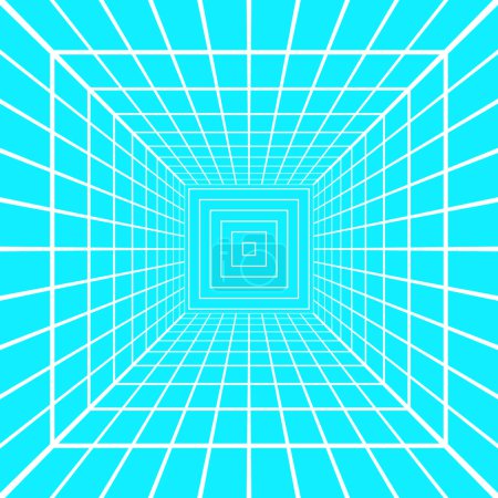 Illustration for White square room wireframe in perspective on blue background. Hallway, studio, portal or box grid structure. Engineering, architecting or technical isometric scheme. Vector illustration - Royalty Free Image