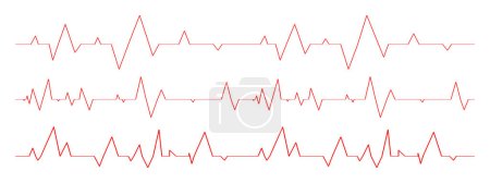Téléchargez les illustrations : Ensemble de diagrammes de battements de cœur. Cartes ECG isolées sur fond blanc. Rythme cardiaque lignes rouges. Signes cardio-vasculaires. Symboles d'hôpital de cardiologie. Illustration graphique vectorielle - en licence libre de droit