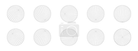 Photo for Set of 3D sphere wireframe icons in different positions. Orb models, spherical shapes, grid balls. Earth globe figures with longitude and latitude, parallel and meridian lines. Vector illustration - Royalty Free Image