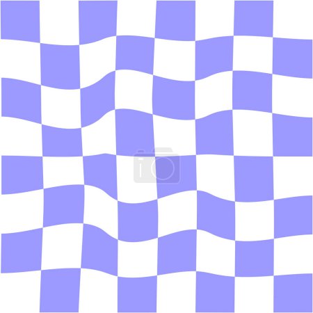 Illustration for Distorted purple and white chessboard background. Crazy checkerboard texture. Chequered optical illusion. Psychedelic pattern with warped squares. Hypnotizing game. Vector flat illustration - Royalty Free Image
