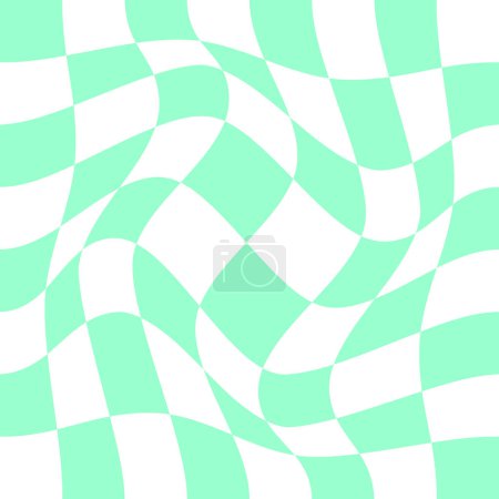 Illustration for Distorted chessboard with vortex effect. Twisted checkered optical illusion. Psychedelic pattern with warped green and white squares. Dizzy checkerboard surface. Vector flat illustration - Royalty Free Image