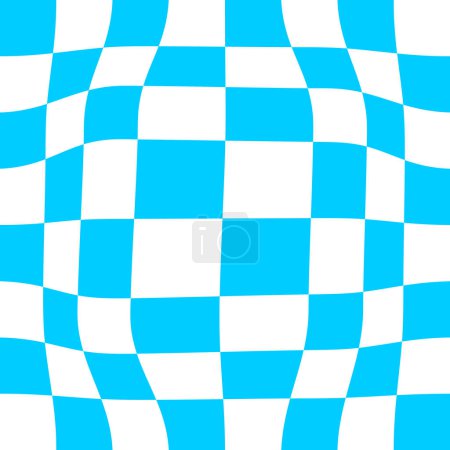 Tablero de ajedrez distorsionado. Patrón mareado con cuadrados deformados azules y blancos. Ilusión óptica a cuadros psicodélicos. Superficie del tablero de ajedrez Trippy. Ilustración plana del vector