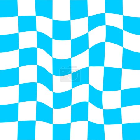 Illustration for Distorted blue and white chessboard background. Chechered visual illusion. Psychedelic pattern with warped squares. Dizzy checkerboard texture. Vector flat illustration - Royalty Free Image