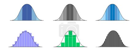 Ilustración de Conjunto de histogramas de distribución gaussiana o normal. Plantillas de curva Bell con columnas. Concepto de teoría de probabilidad. Diseños para datos financieros, estadísticos o logísticos. Ilustración vectorial - Imagen libre de derechos