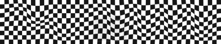 Fondo distorsionado del tablero de ajedrez. Ilusión visual mareada a cuadros. Patrón psicodélico con cuadrados retorcidos en blanco y negro. Textura bandera de carrera. Superficie del tablero de ajedrez Trippy. Ilustración vectorial