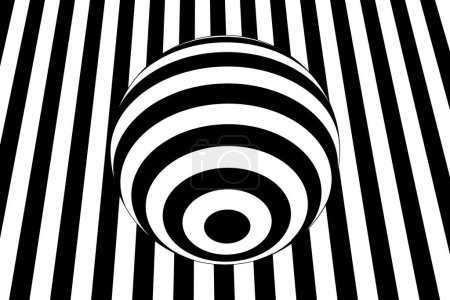 Photo for Striped 3D sphere, orb surface, globe figure on black and white stripes background. Ball model. Spherical shape with concentric circles pattern. Vector graphic illustration - Royalty Free Image