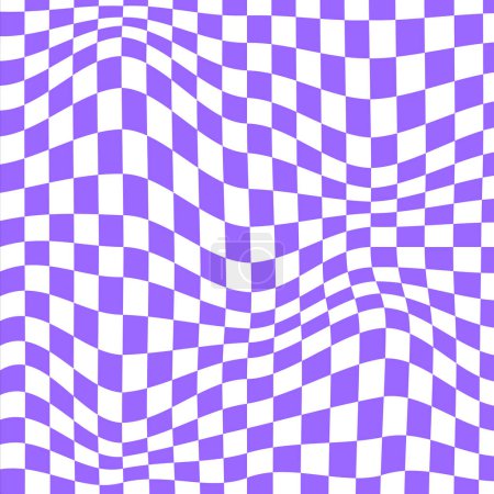Photo for Psychedelic pattern with warped purple and white squares. Distorted chessboard background. Dizzy checkered optical illusion in y2k style. Trippy checkerboard surface. Vector illustration - Royalty Free Image