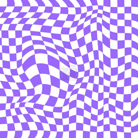 Superficie distorsionada del tablero de ajedrez. Ilusión óptica a cuadros en estilo 2yk. Patrón psicodélico mareado con cuadrados de color púrpura y blanco deformado. Fondo del tablero de ajedrez Trippy. Ilustración plana del vector